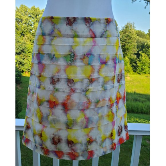 Ann Taylor Petite mini Skirt Colorful Tie-Dye cotton/silk Sideways Pleats sz 8 - Picture 1 of 7